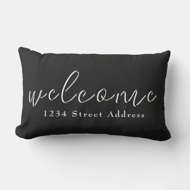 Black & White Welcome & Custom Address Script Lumbar Cushion (Front)