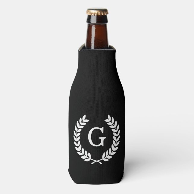 Black White Wheat Laurel Wreath Initial Monogram Bottle Cooler (Bottle Front)