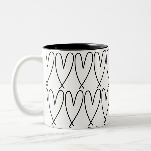 Black & White Whimsical Cute Hearts Two-Tone Coffee Mug (Left)
