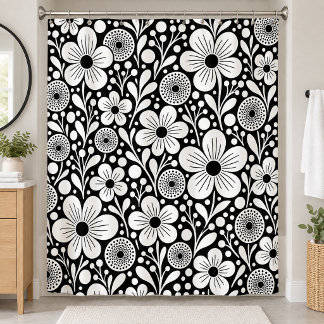 Black & White Whimsical Floral Shower Curtain