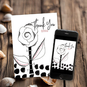 Black White Whimsical Flower Editable Thank You Card