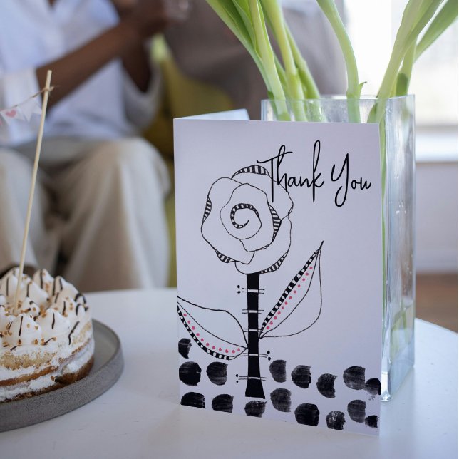 Black White Whimsical Flower Editable Thank You Card (Creator Uploaded)
