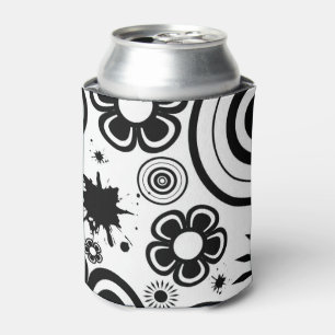Black & White Whimsical Flowers, Circles, Splatter Can Cooler