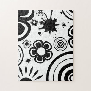 Black & White Whimsical Flowers, Circles, Splatter Jigsaw Puzzle