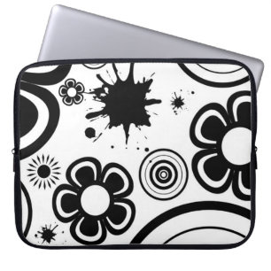 Black & White Whimsical Flowers, Circles, Splatter Laptop Sleeve