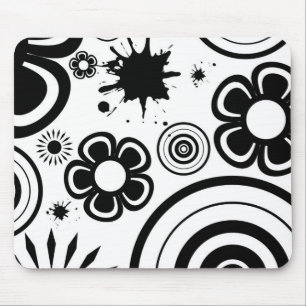 Black & White Whimsical Flowers, Circles, Splatter Mouse Mat