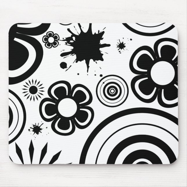 Black & White Whimsical Flowers, Circles, Splatter Mouse Mat (Front)