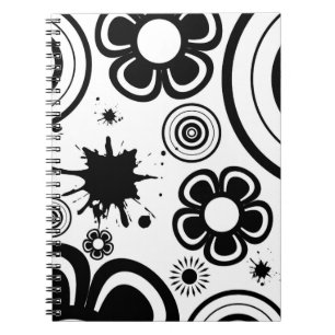Black & White Whimsical Flowers, Circles, Splatter Notebook