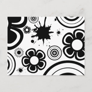 Black & White Whimsical Flowers, Circles, Splatter Postcard