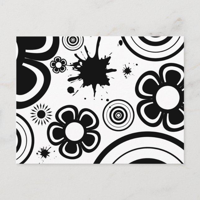Black & White Whimsical Flowers, Circles, Splatter Postcard (Front)