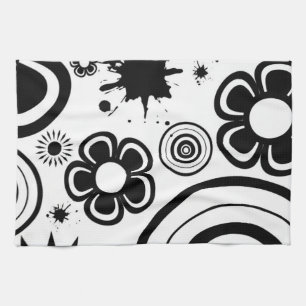 Black & White Whimsical Flowers, Circles, Splatter Tea Towel