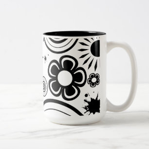 Black & White Whimsical Flowers, Circles, Splatter Two-Tone Coffee Mug