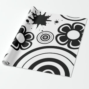 Black & White Whimsical Flowers, Circles, Splatter Wrapping Paper