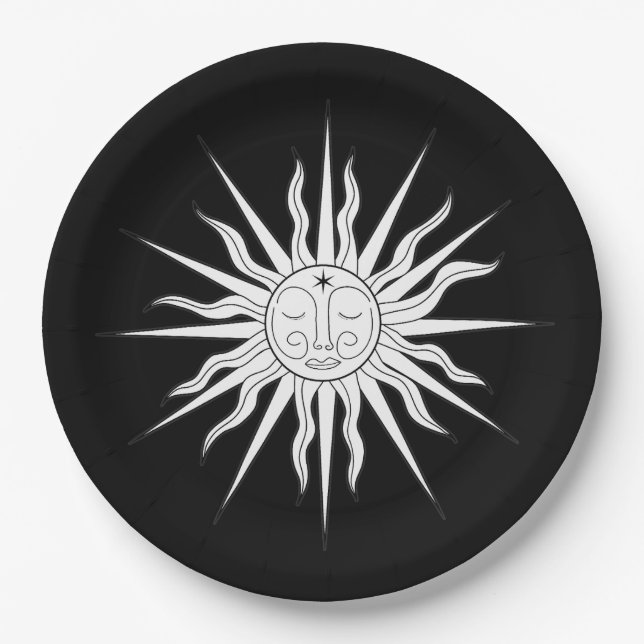 Black & White Whimsical Sun Birthday  Paper Plate (Front)