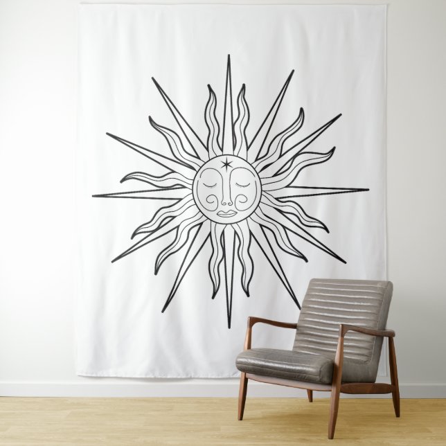 Black & White Whimsical Sun Celestial Backdrop Tapestry (In Situ)