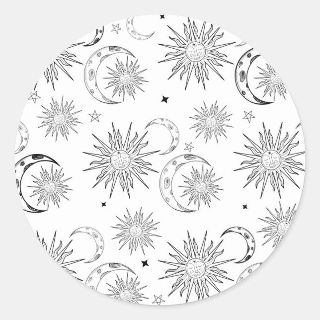 Black & White Whimsical Sun Celestial Birthday Classic Round Sticker (Front)