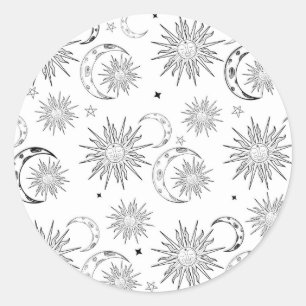 Black & White Whimsical Sun Celestial Birthday Classic Round Sticker