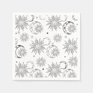Black & White Whimsical Sun Celestial Birthday Napkin