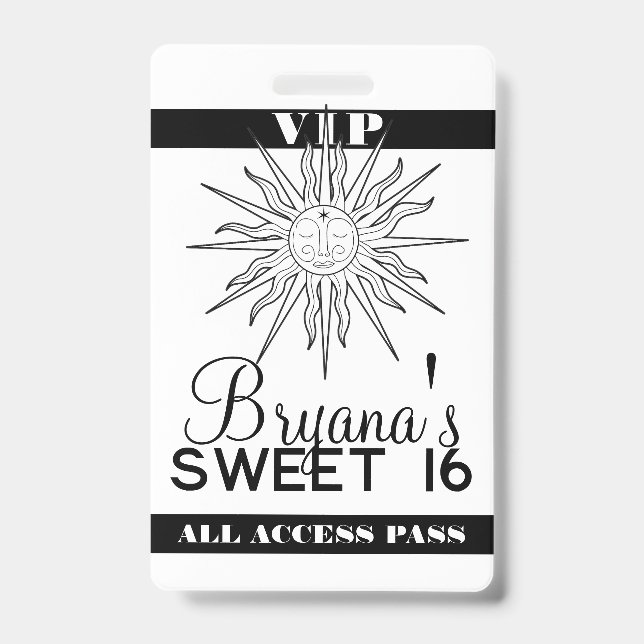Black White Whimsical Sun Celestial Birthday VIP  ID Badge (Front)