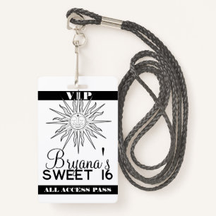 Black White Whimsical Sun Celestial Birthday VIP ID Badge