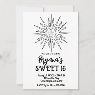 Black & White Whimsical Sun Celestial Sweet 16  Invitation