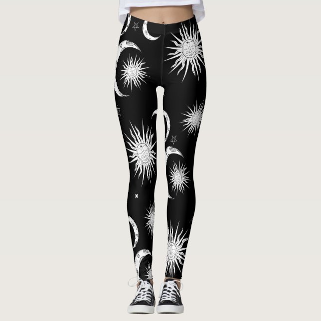 Black & White Whimsical Sun Moon & Stars Leggings (Front)