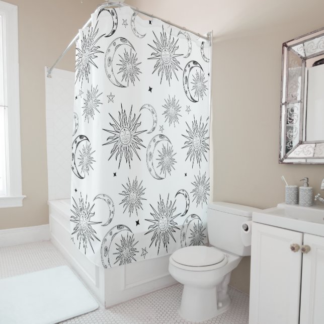 Black & White Whimsical Sun Moon & Stars Shower Curtain (In Situ)