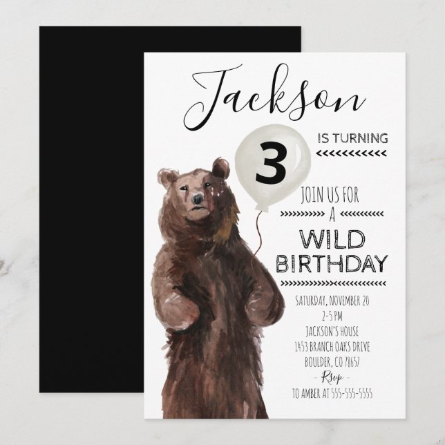 Black & White Wild Bear Birthday Invitation (Front/Back)