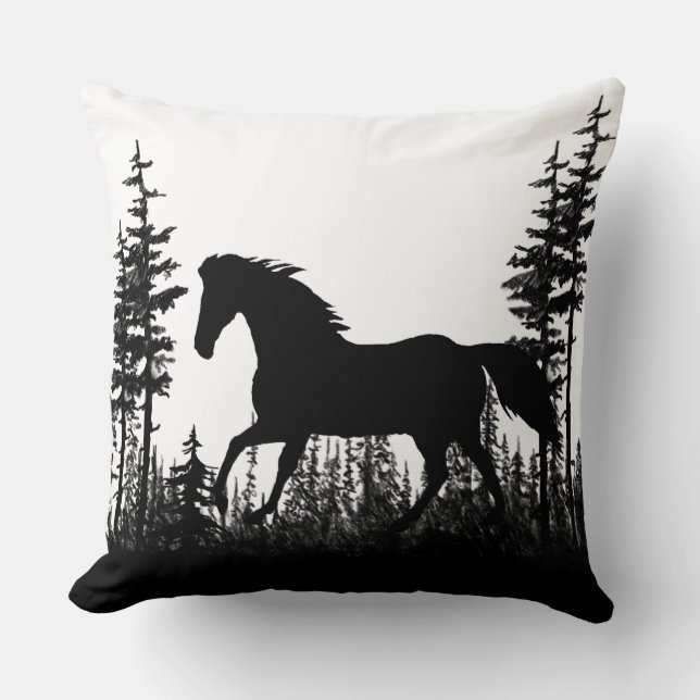 Black & White Wild Horse Woodland Pine Tree Forest Cushion (Front)