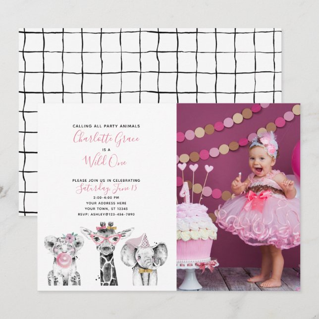 Black White Wild One Girl's First Birthday Photo Invitation (Front/Back)