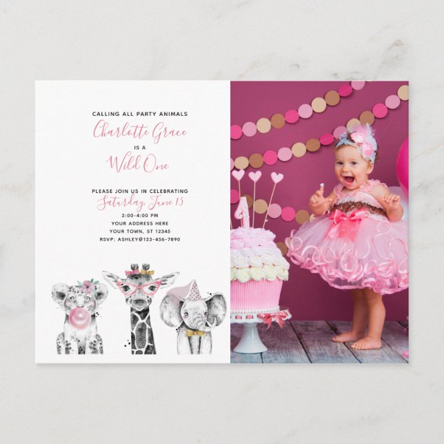 Black White Wild One Girl's First Birthday Photo Invitation Postcard (Front)
