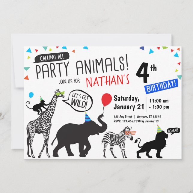 Black White Wild Party Animal Birthday Invitation (Front)