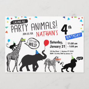 Black White Wild Party Animal Birthday Invitation