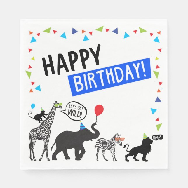 Black White Wild Party Animal Birthday Luncheon Napkin (Front)