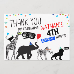 Black White Wild Party Animal Birthday Thank you Invitation