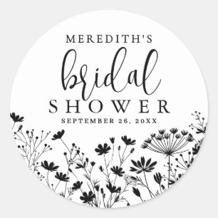 Black White Wildflower Bridal Shower Classic Round Sticker