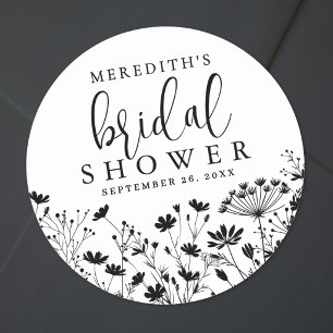 Black White Wildflower Bridal Shower Classic Round Sticker