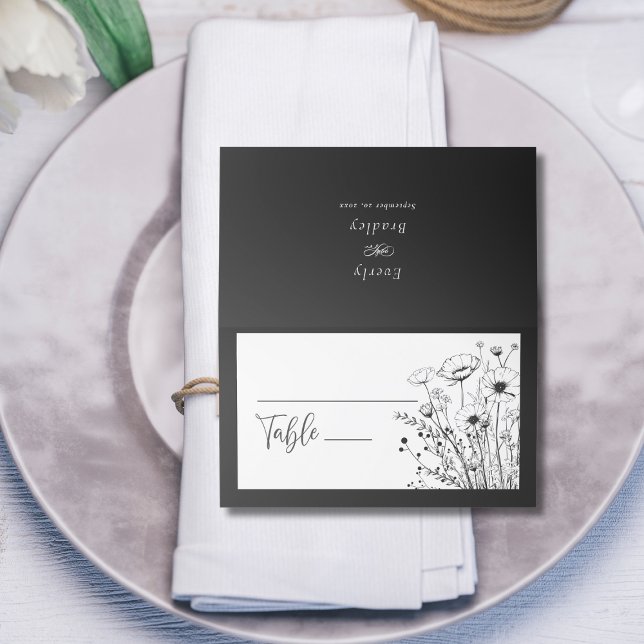 Black White Wildflower Floral Minimal Bold Classic Place Card (Creator Uploaded)