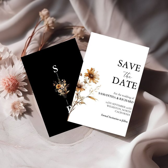 Black & White Wildflower Wedding Save The Date Invitation (Creator Uploaded)