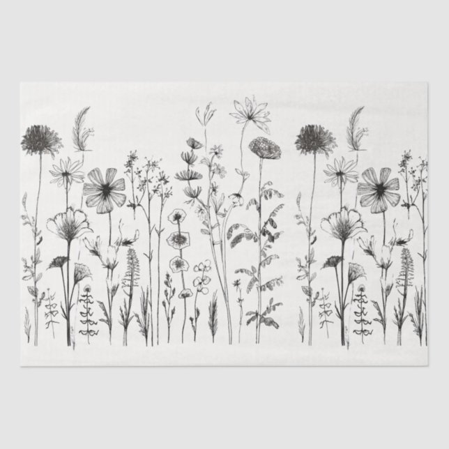 Black & White Wildflowers for Decoupage or Gifts Tissue Paper (Front)
