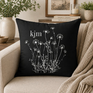 Black & White Wildflowers Monogram Cushion