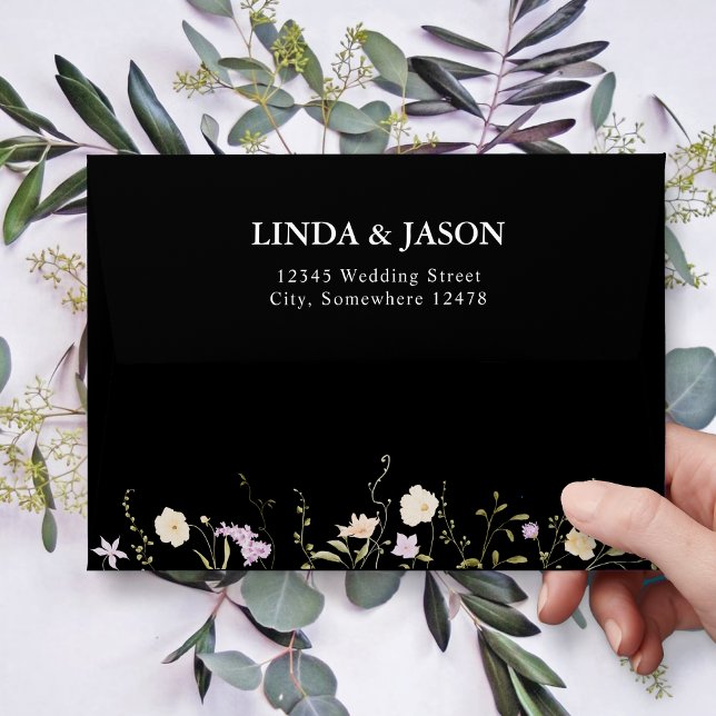 Black & White Wildflowers Wedding Invitation Envelope (Black and white wildflowers invitation envelope adds elegant charm to your wedding stationery.)