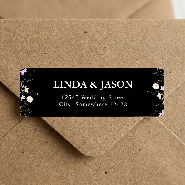 Black & White Wildflowers Wedding Return Address (Black and white wildflower address labels bring timeless elegance to wedding envelopes.)
