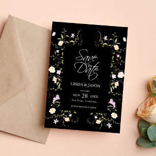 Black & White Wildflowers Wedding Save The Date Invitation