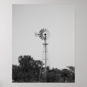 Black & White Windmill in a Texas Field 16x20 Poster