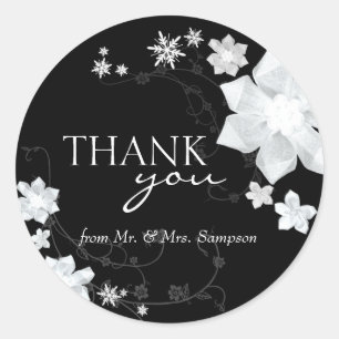 Black White Winter Floral Wedding Thank You Classic Round Sticker