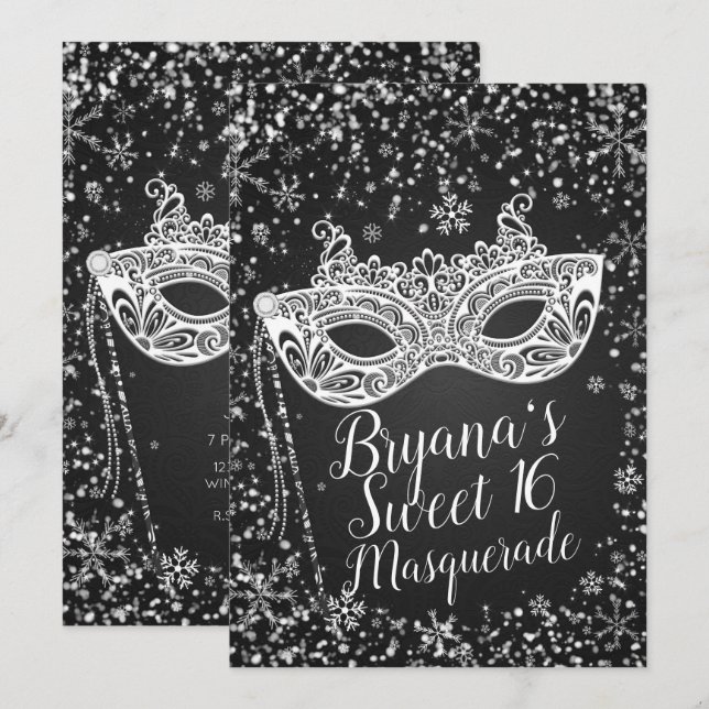 Black White Winter Wonderland Masquerade Sweet 16 Invitation (Front/Back)