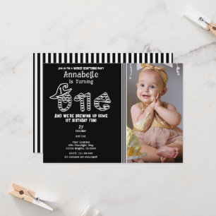 Black White Witch Halloween Photo 1ST Birthday  Invitation