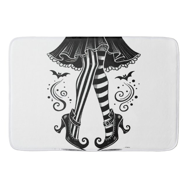 Black & White Witch Legs Whimsical Halloween Party Bath Mat (Front)