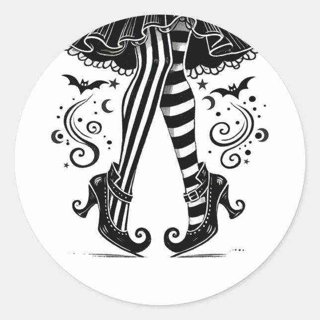 Black & White Witch Legs Whimsical Halloween Party Classic Round Sticker (Front)